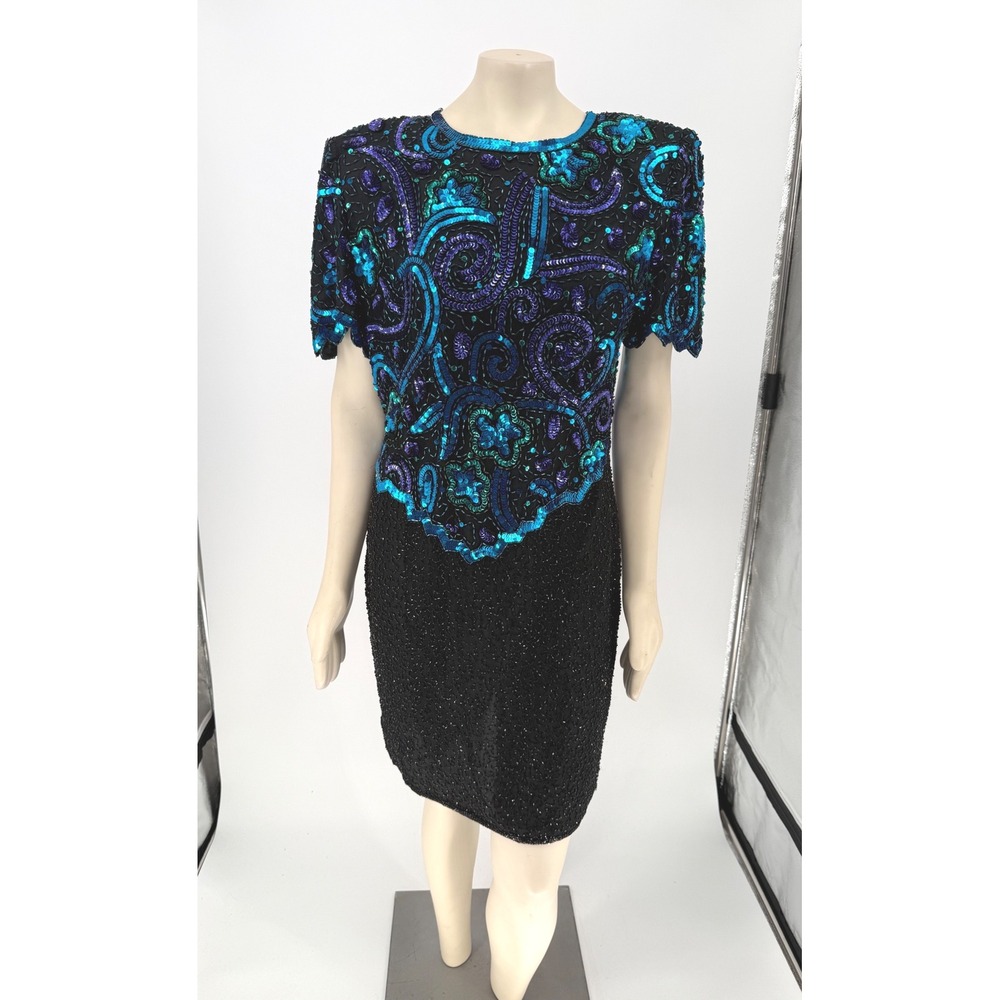 Vintage Laurence Kazar XL Silk Beaded Sequin Dress Black Blue Purple Cocktail